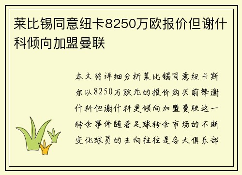 莱比锡同意纽卡8250万欧报价但谢什科倾向加盟曼联