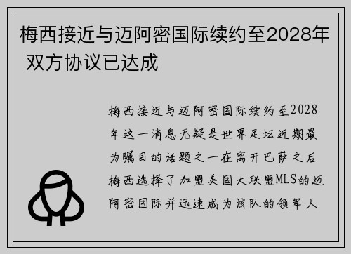 梅西接近与迈阿密国际续约至2028年 双方协议已达成