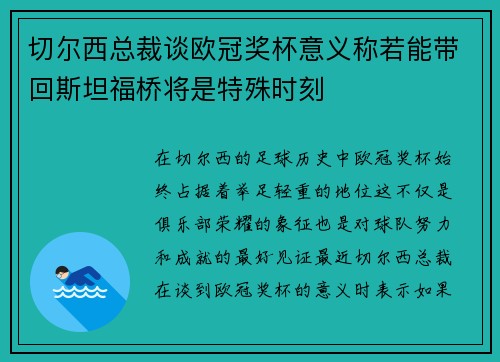 切尔西总裁谈欧冠奖杯意义称若能带回斯坦福桥将是特殊时刻