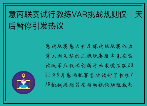 意丙联赛试行教练VAR挑战规则仅一天后暂停引发热议
