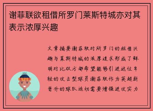 谢菲联欲租借所罗门莱斯特城亦对其表示浓厚兴趣
